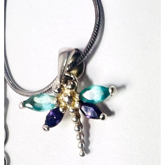 Sterling Necklace Italian 925 17" Snake Chain Dragonfly Pendant Faux Gemstones - Picture 3 of 6